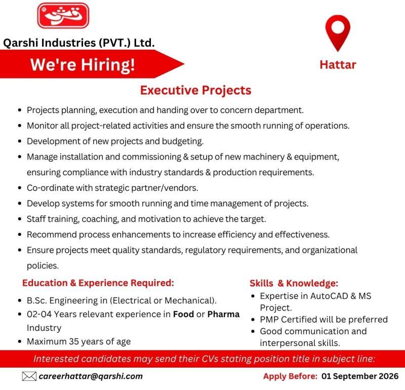 Qarshi Industries Jobs 2026 - Executive Projects | Hattar