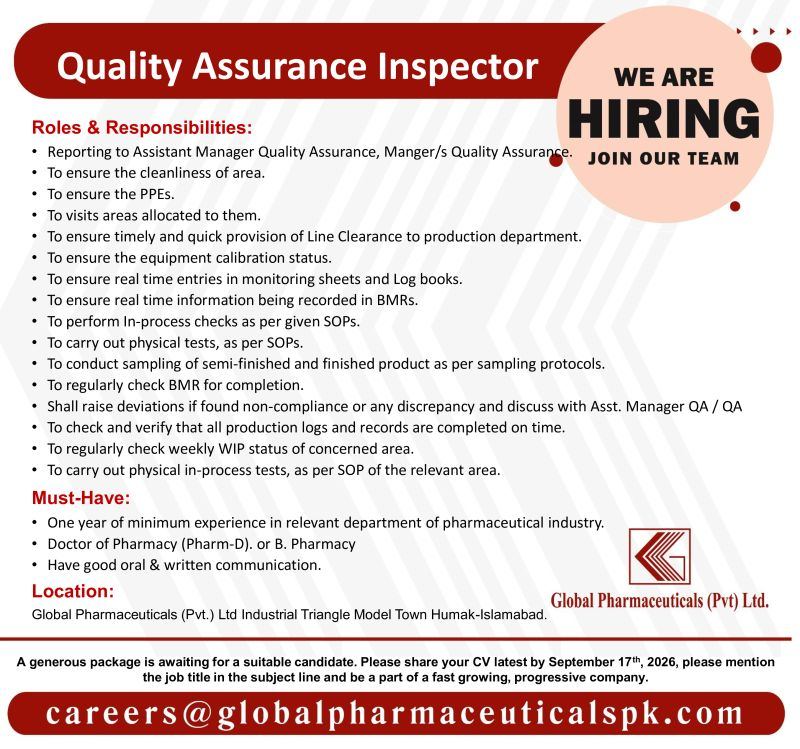 Global Pharmaceuticals Jobs 2026 In Islamabad - Apply Online Quality Assurance Inspector