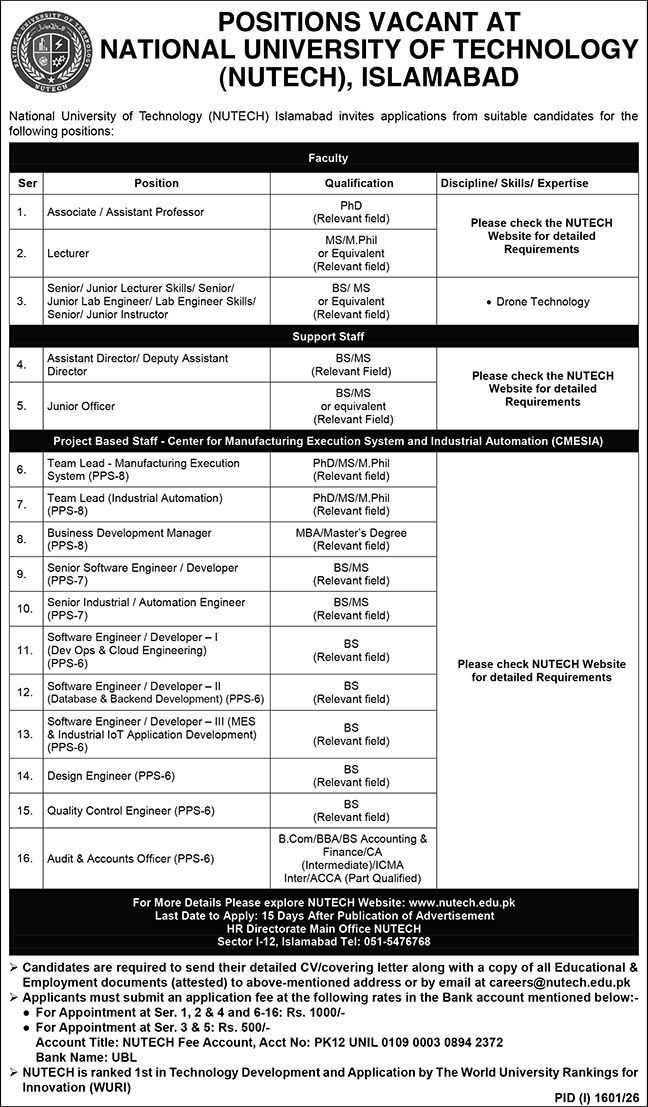 NUTECH Seeks Associate/Assistant Professors and Lecturers Jobs 2026 In Islamabad
